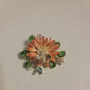 Anne Klein Gold Tone Multicolor Crystal Flower Pin / Brooch Signed on back..